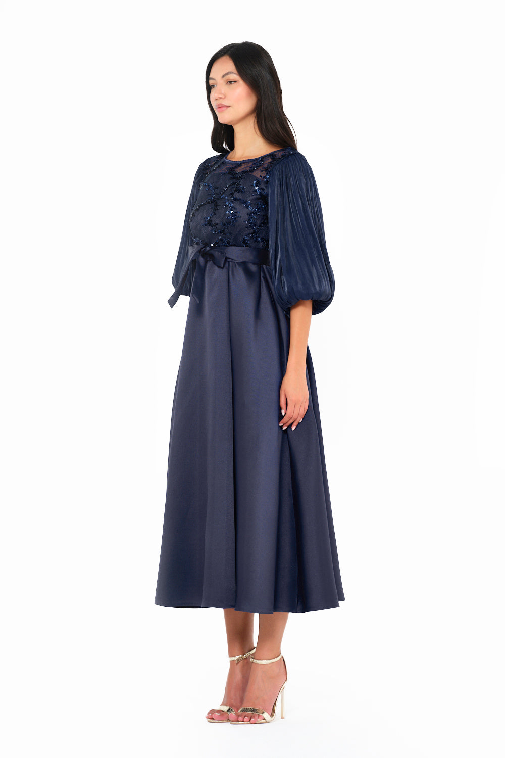 Embroidered Illusion Bodice Bow Midi Dress