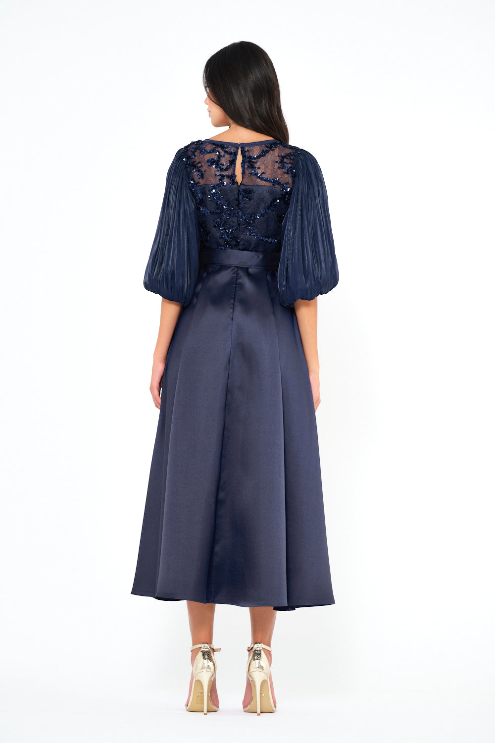 Embroidered Illusion Bodice Bow Midi Dress