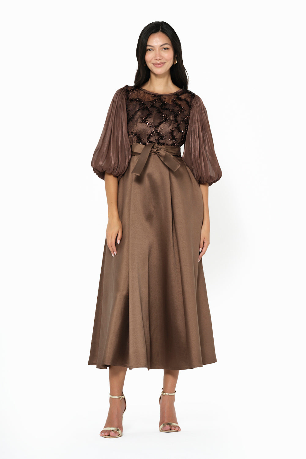 Embroidered Illusion Bodice Bow Midi Dress