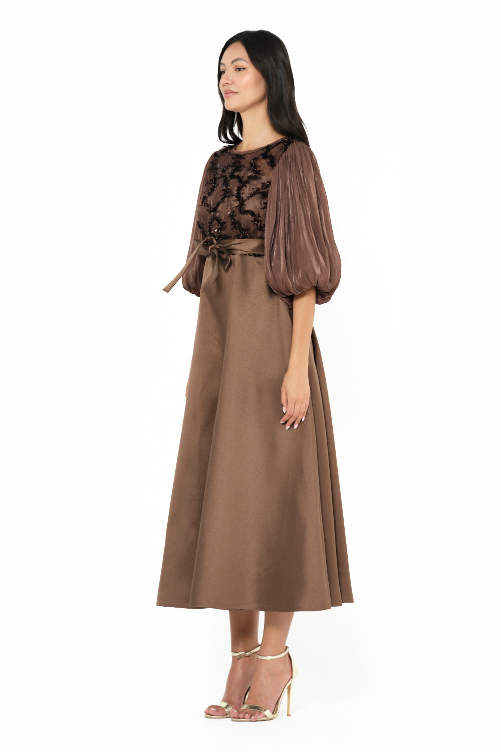Embroidered Illusion Bodice Bow Midi Dress