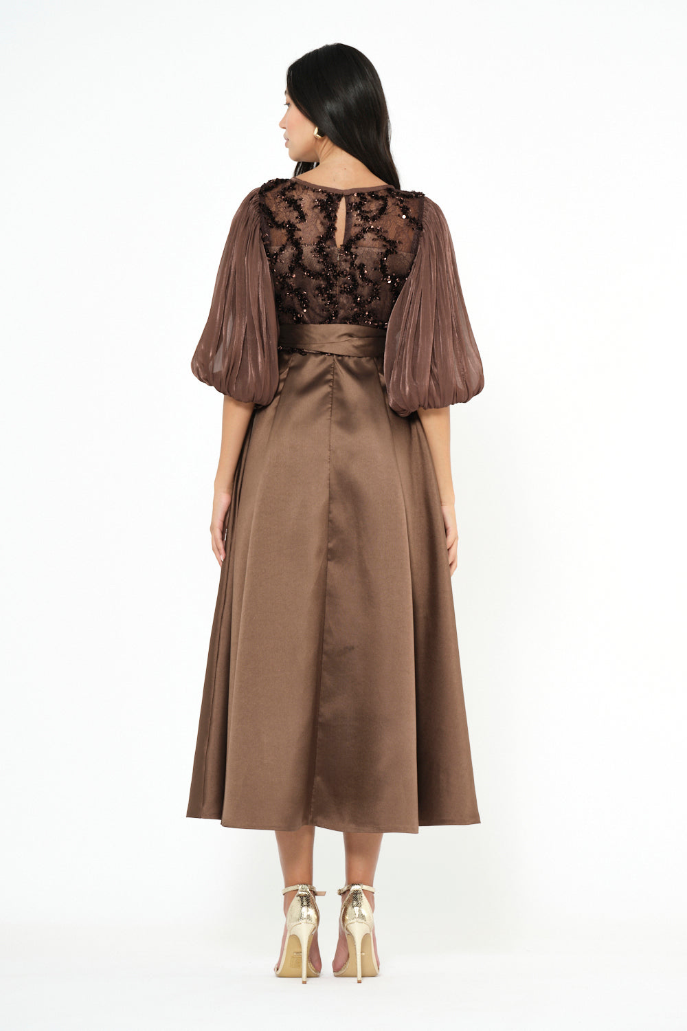 Embroidered Illusion Bodice Bow Midi Dress