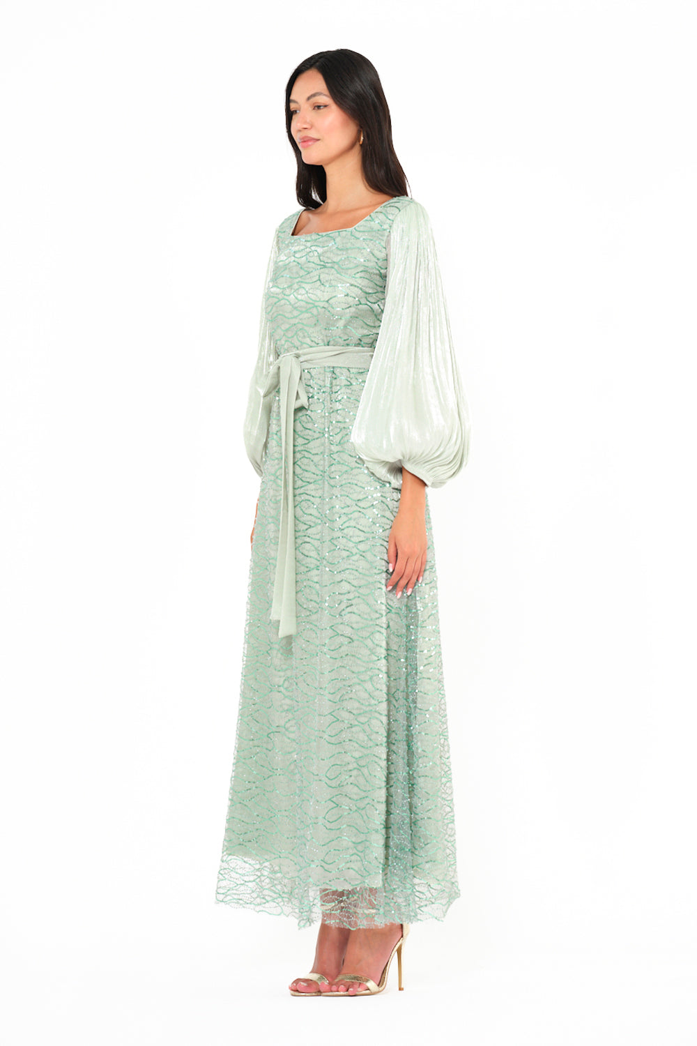 Shimmer Wave Embroidered Tie-Waist Gown