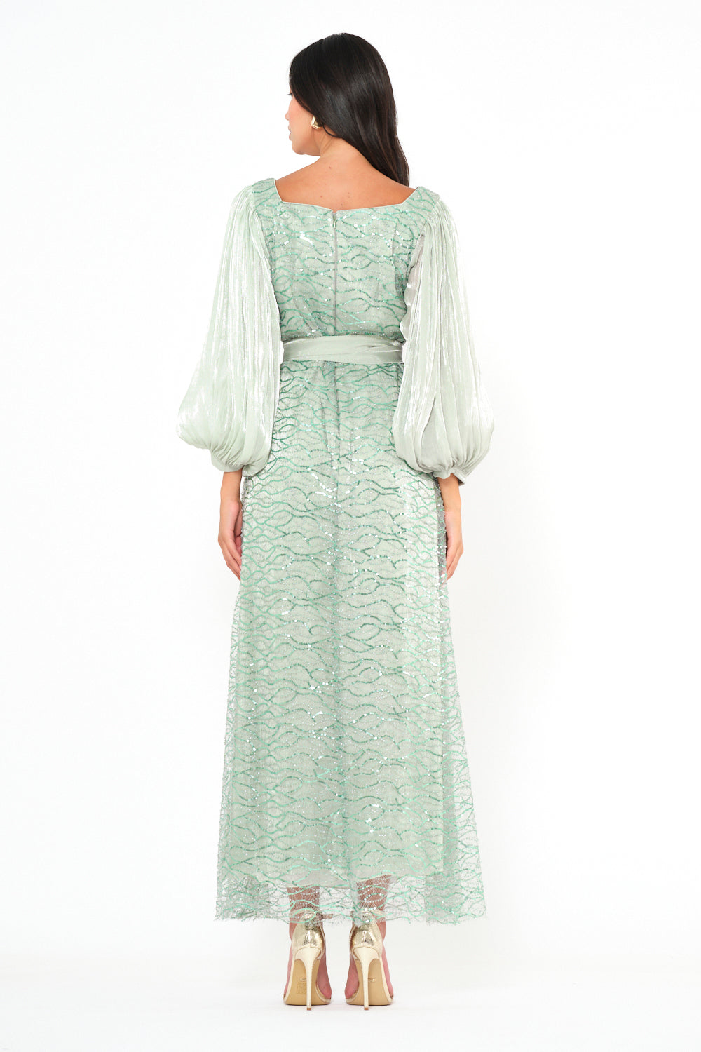 Shimmer Wave Embroidered Tie-Waist Gown