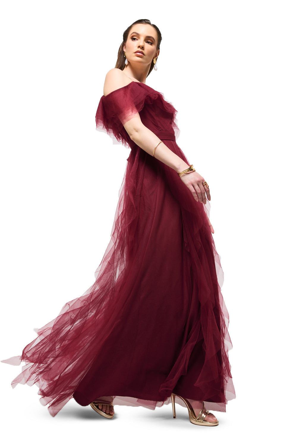 Off-Shoulder Layered Tulle Maxi Dress