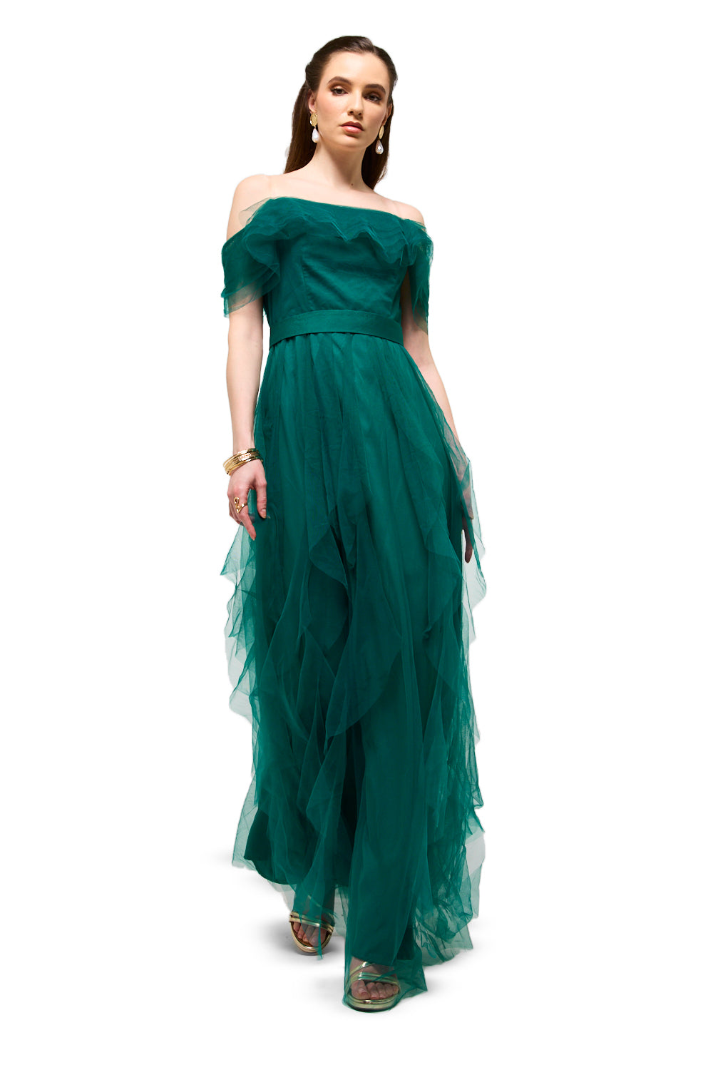 Off-Shoulder Layered Tulle Maxi Dress