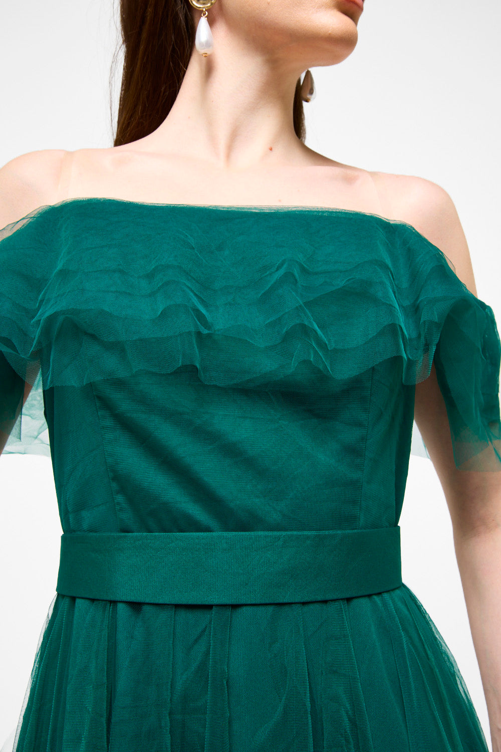 Off-Shoulder Layered Tulle Maxi Dress