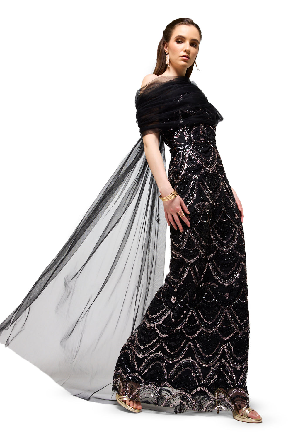 Beaded Wave Pattern Tulle Drape Maxi Dress