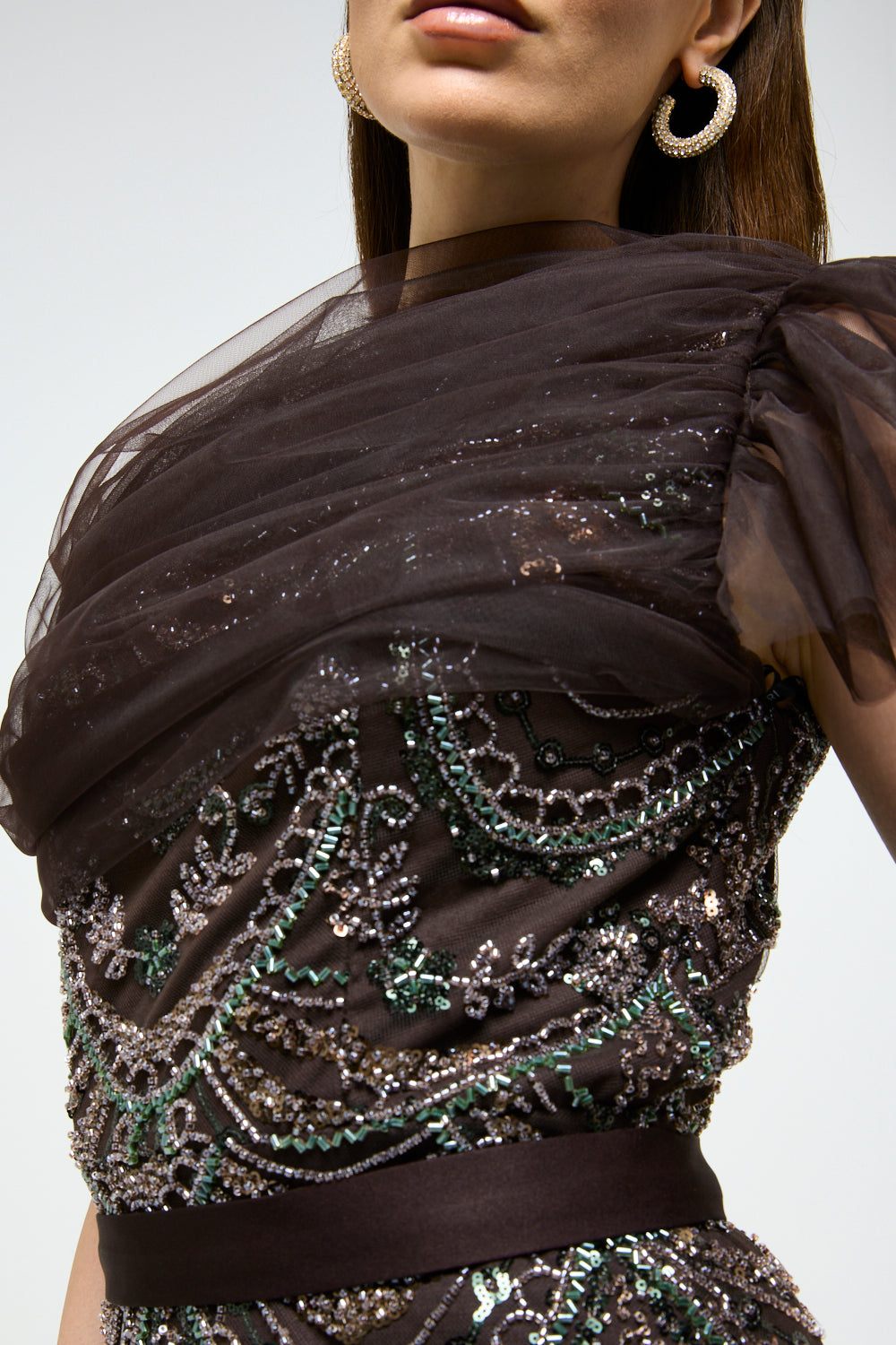 Beaded Wave Pattern Tulle Drape Maxi Dress
