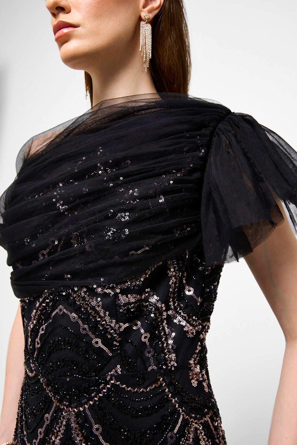 Beaded Wave Pattern Tulle Drape Maxi Dress