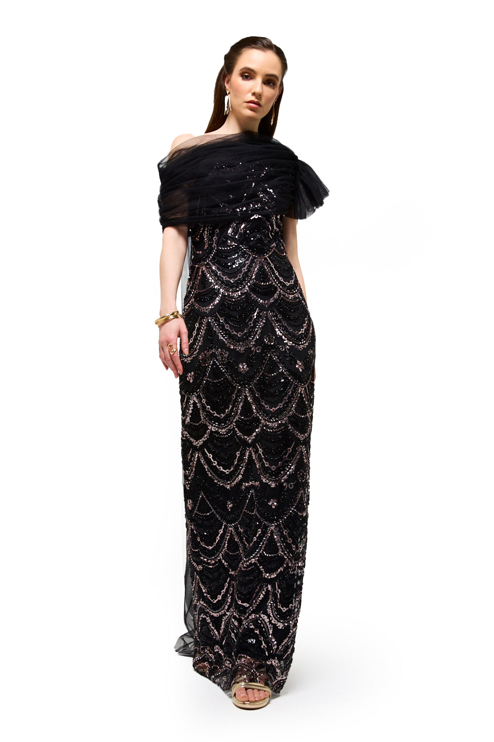 Beaded Wave Pattern Tulle Drape Maxi Dress