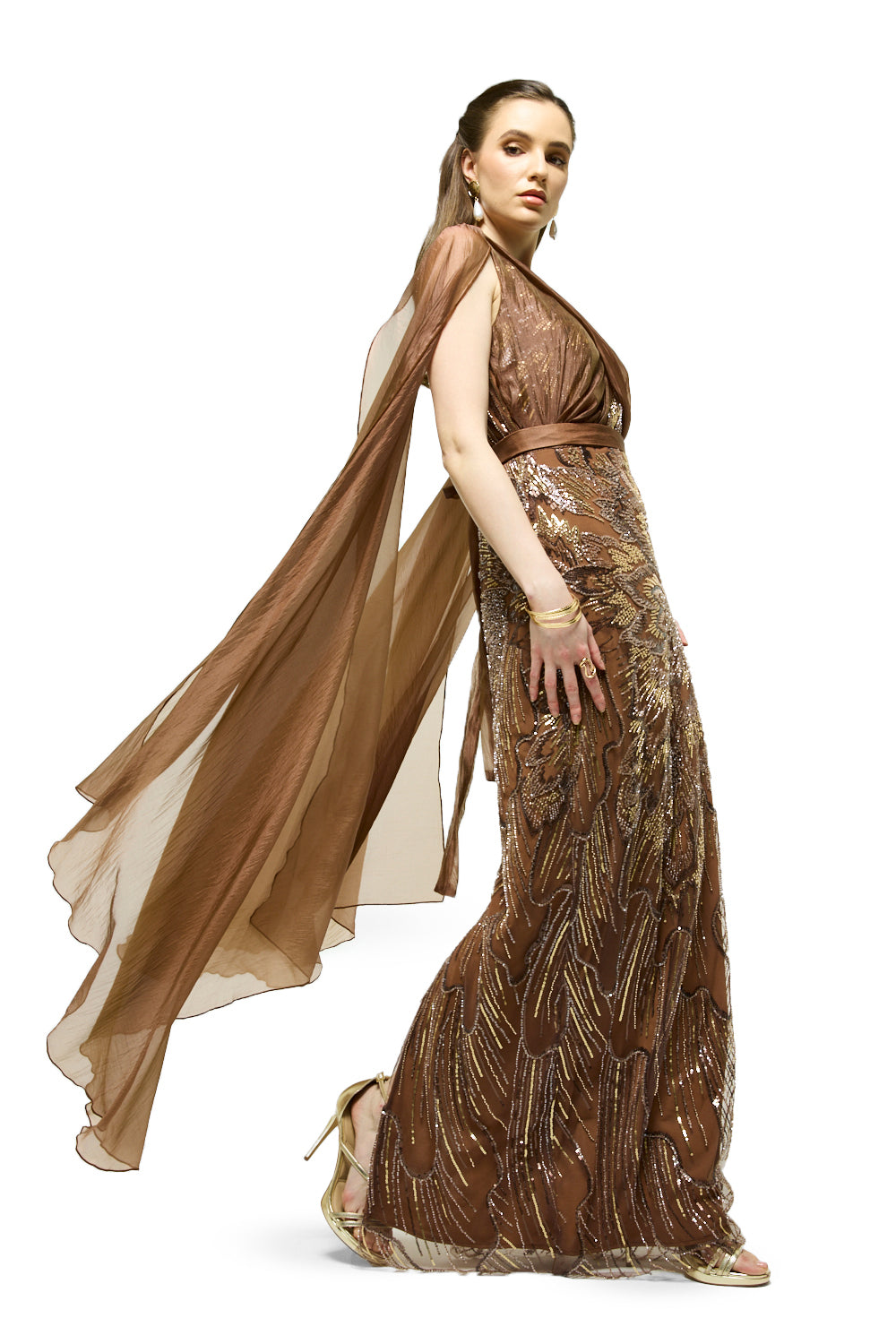 Beaded Cape Sleeve Column Gown