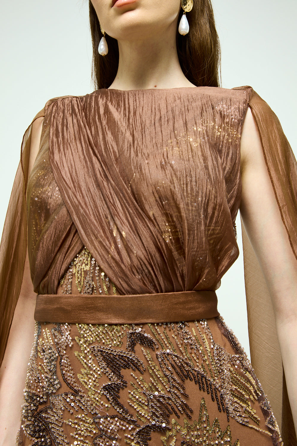 Beaded Cape Sleeve Column Gown