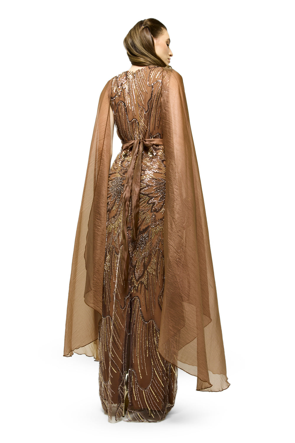 Beaded Cape Sleeve Column Gown