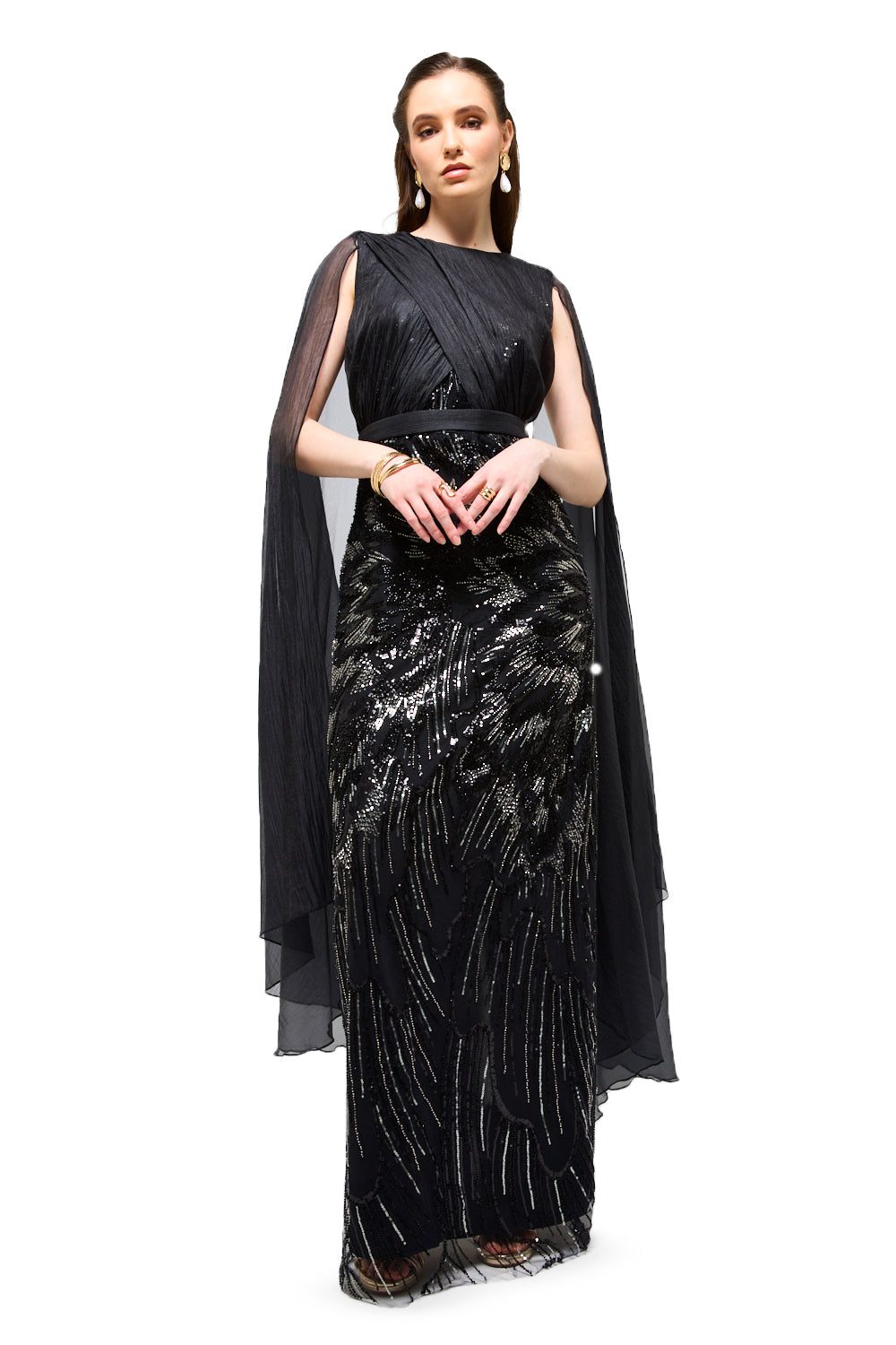 Beaded Cape Sleeve Column Gown
