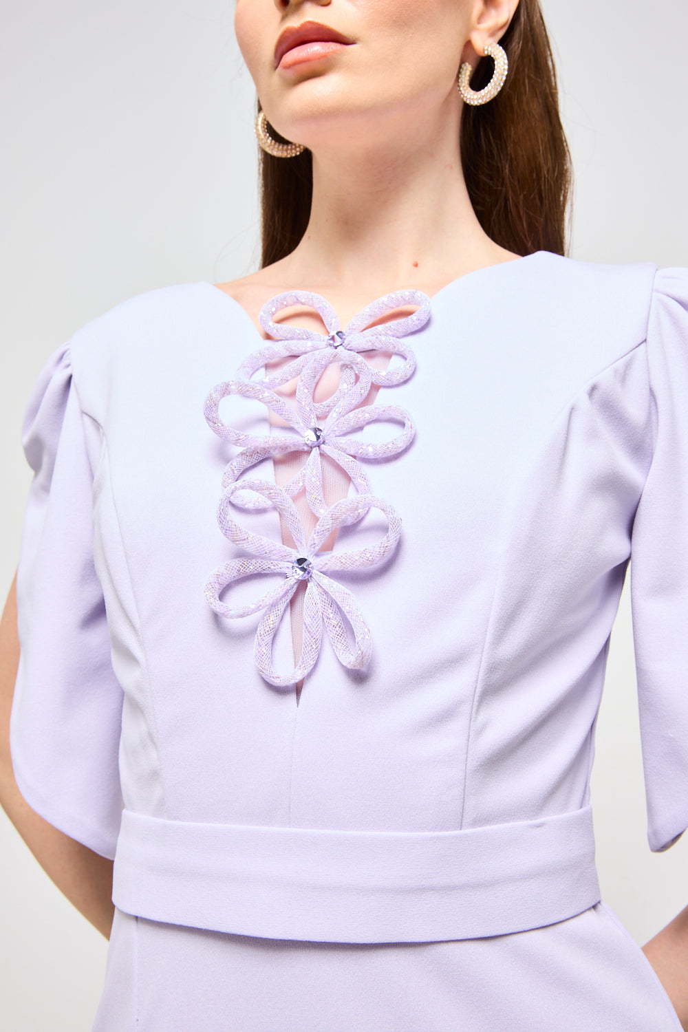 Floral Appliqué Sleeve Column Maxi Dress