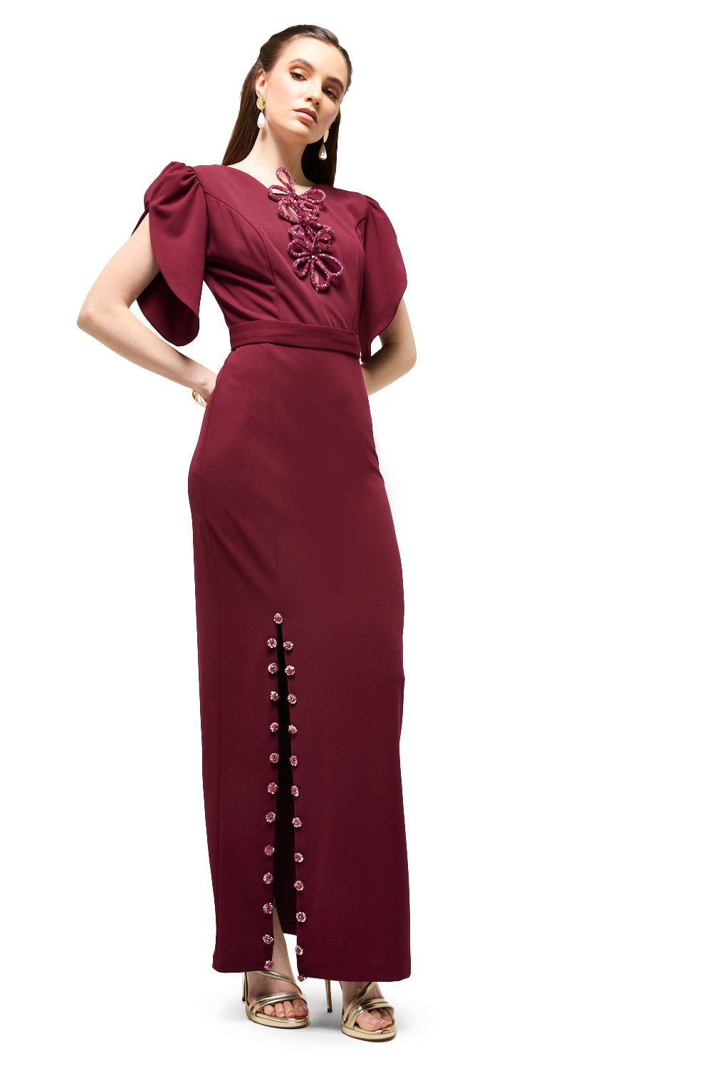 Floral Appliqué Sleeve Column Maxi Dress