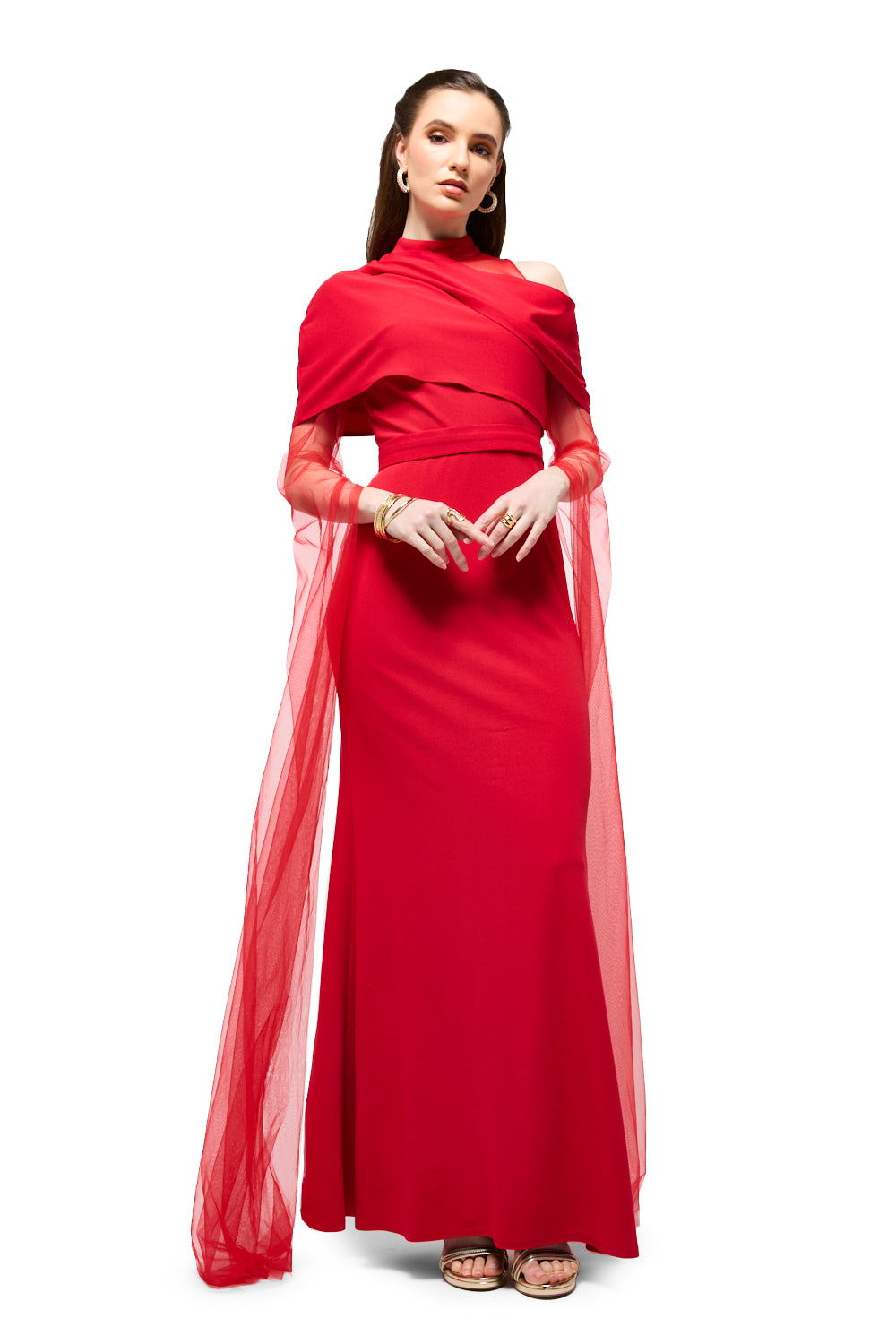 Draped Neck Tulle Sleeve Maxi Dress