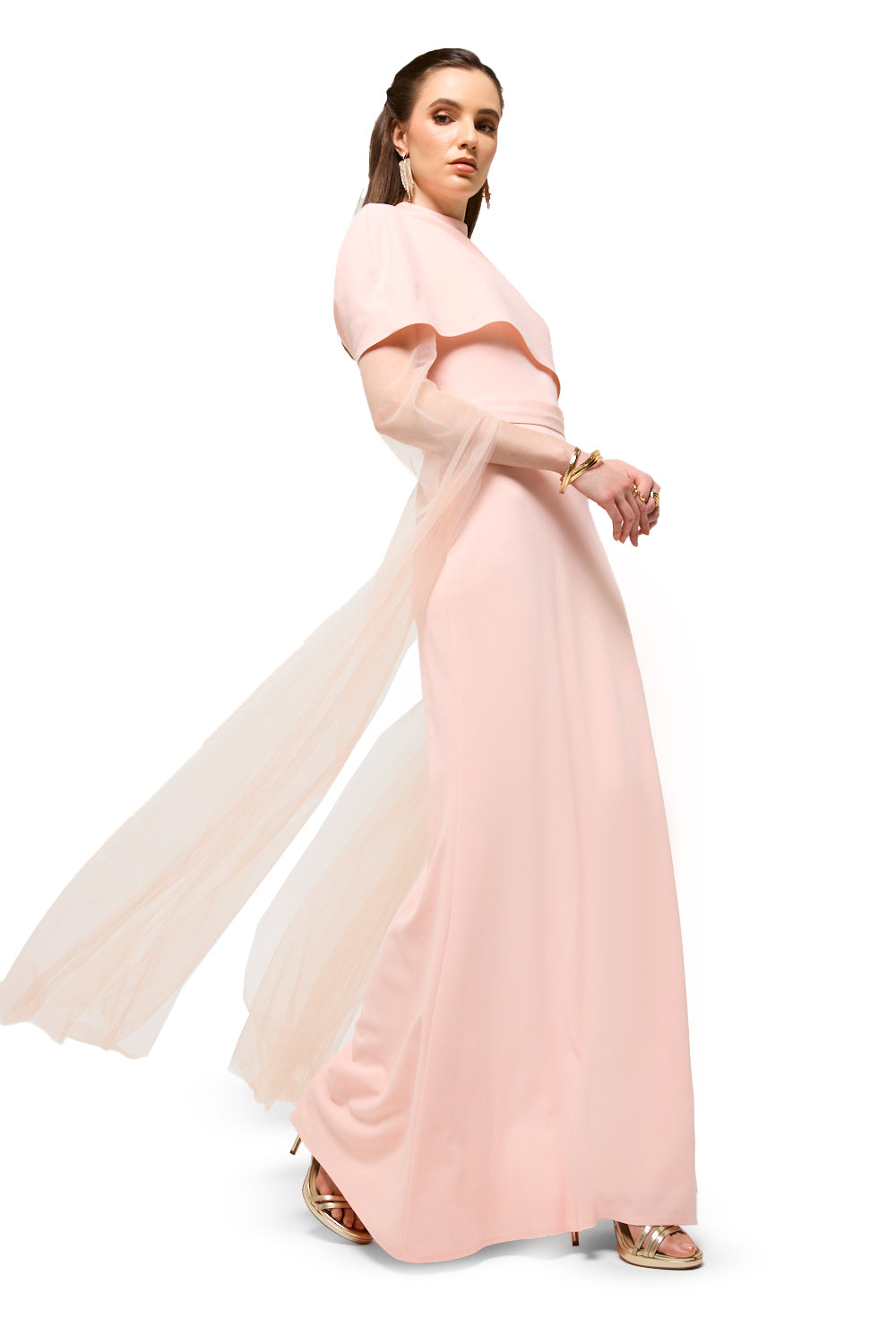 Draped Neck Tulle Sleeve Maxi Dress
