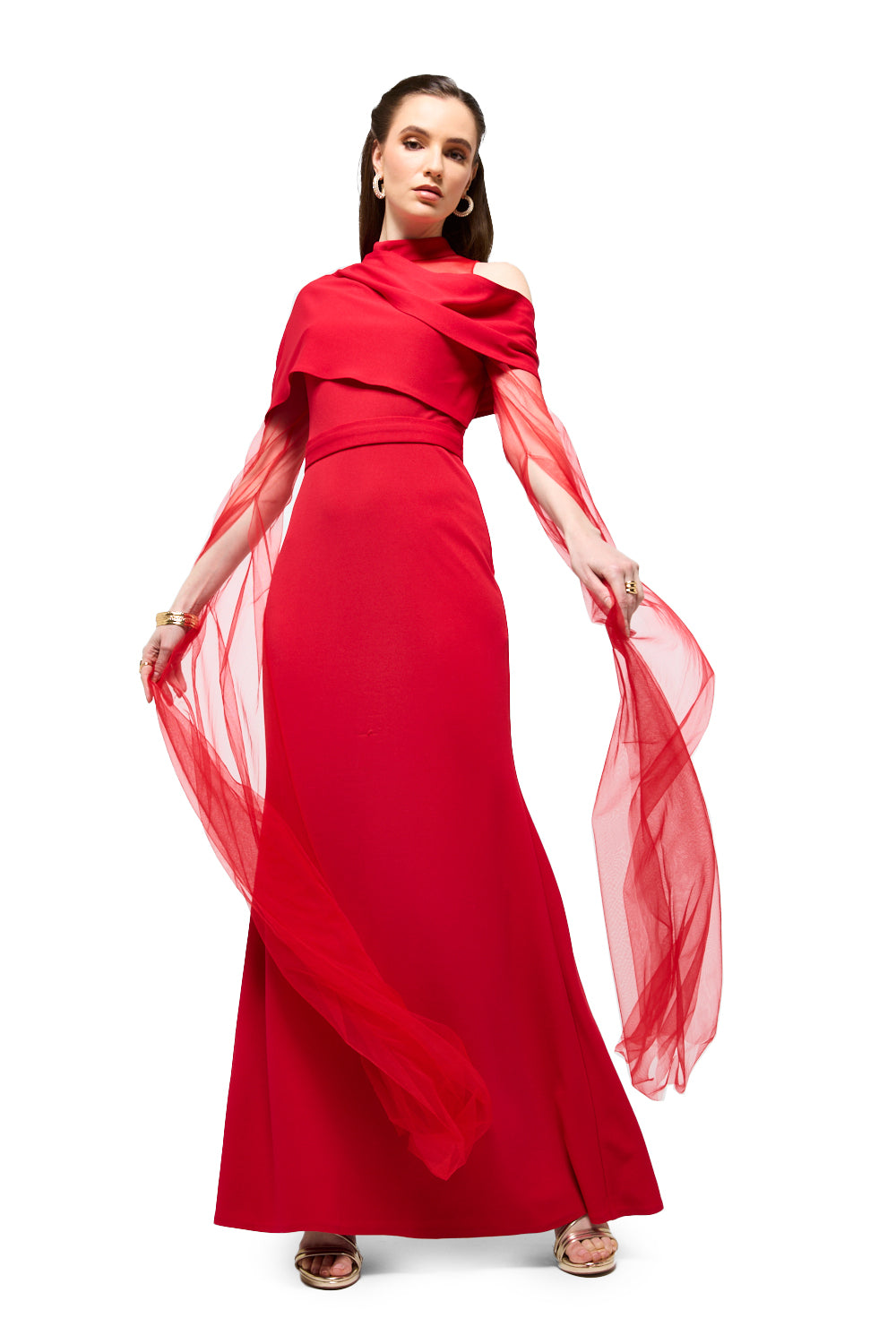Draped Neck Tulle Sleeve Maxi Dress