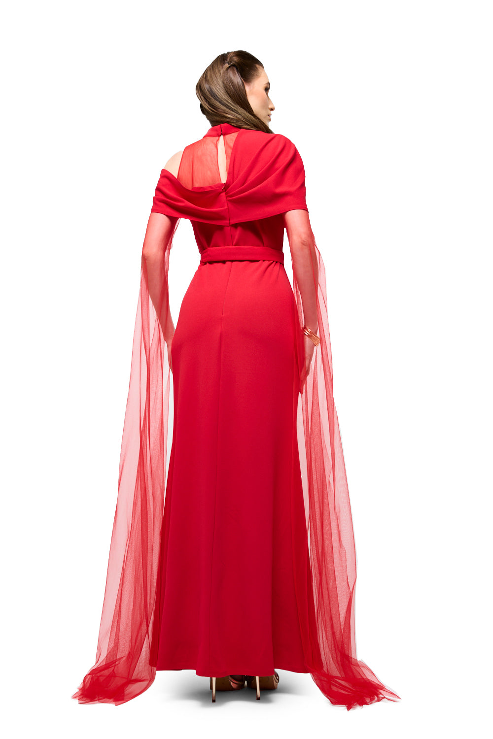 Draped Neck Tulle Sleeve Maxi Dress