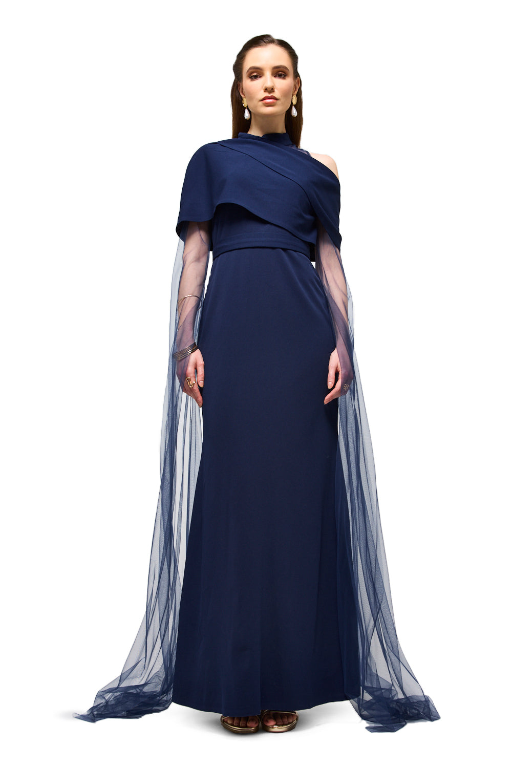 Draped Neck Tulle Sleeve Maxi Dress