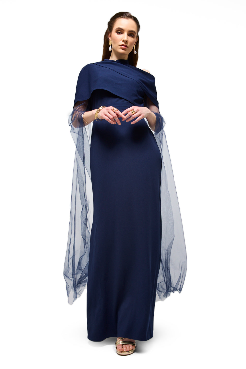 Draped Neck Tulle Sleeve Maxi Dress