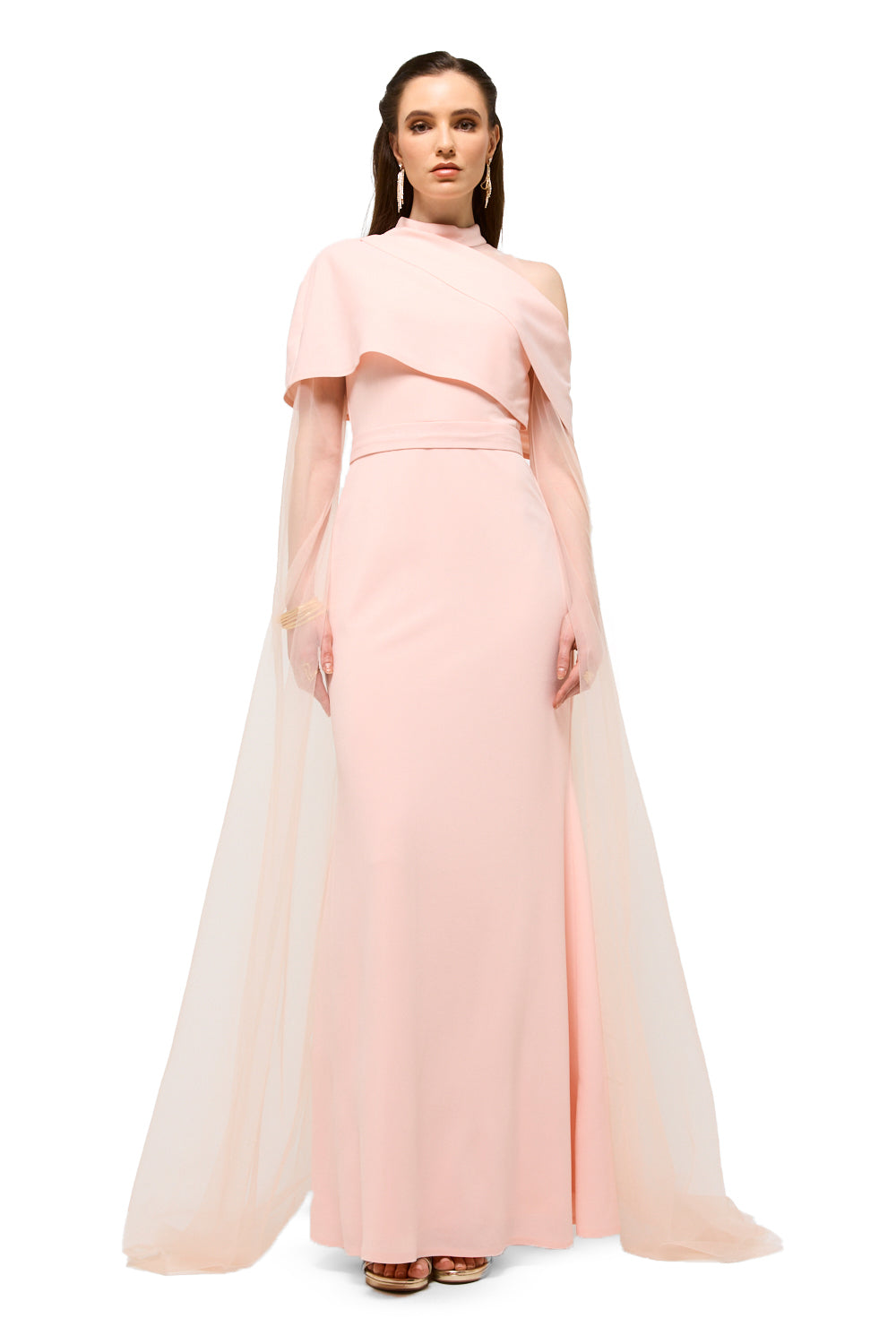 Draped Neck Tulle Sleeve Maxi Dress