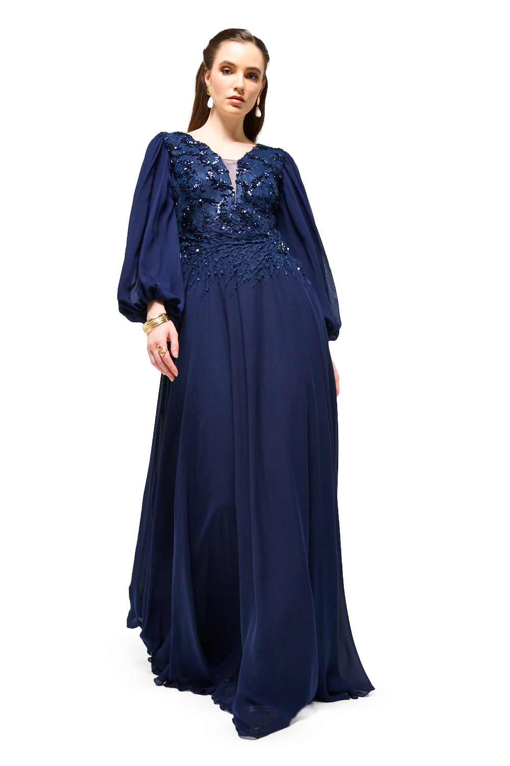 Embellished Bodice Bishop Sleeve Maxi Dress