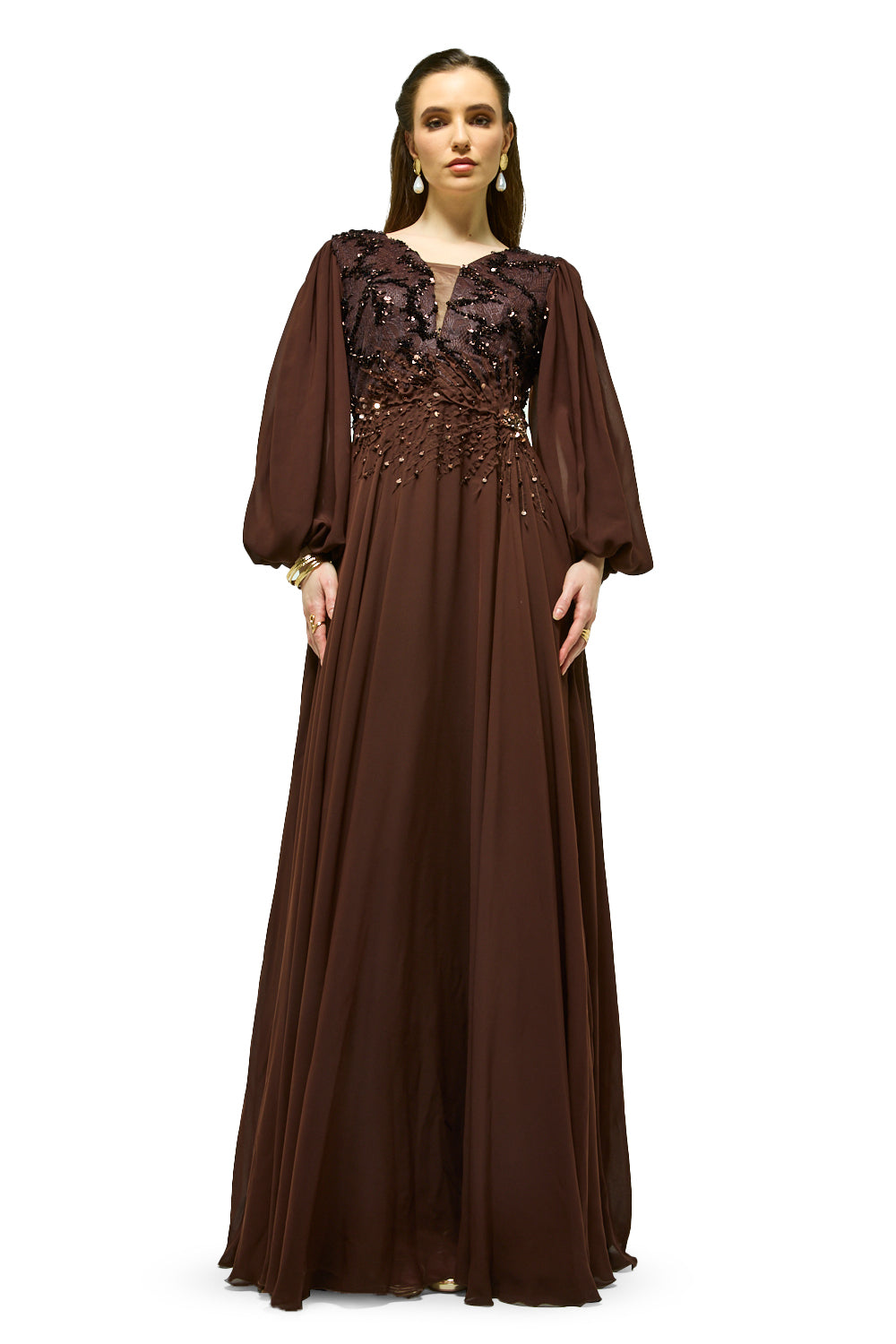 Embellished Bodice Bishop Sleeve Maxi Dress