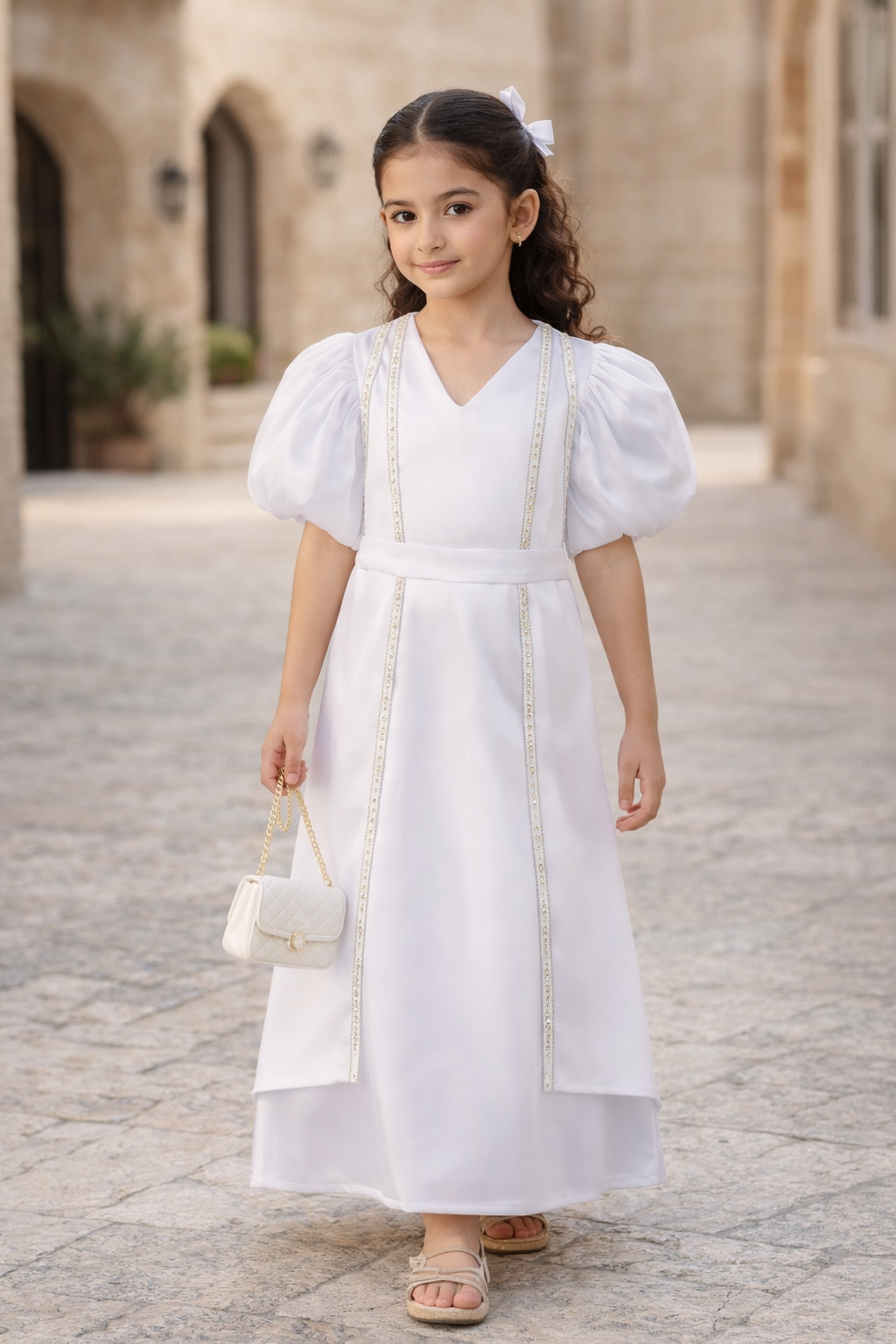 Crystal Trim Maxi Dress with Puff Sleeves