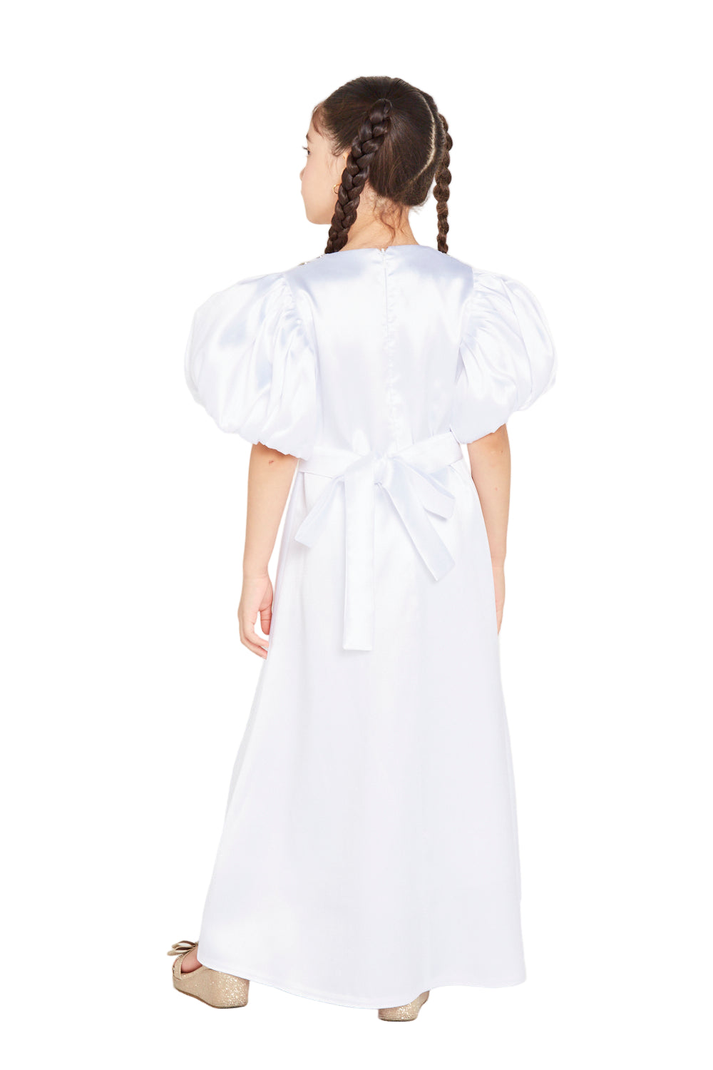 Crystal Trim Maxi Dress with Puff Sleeves