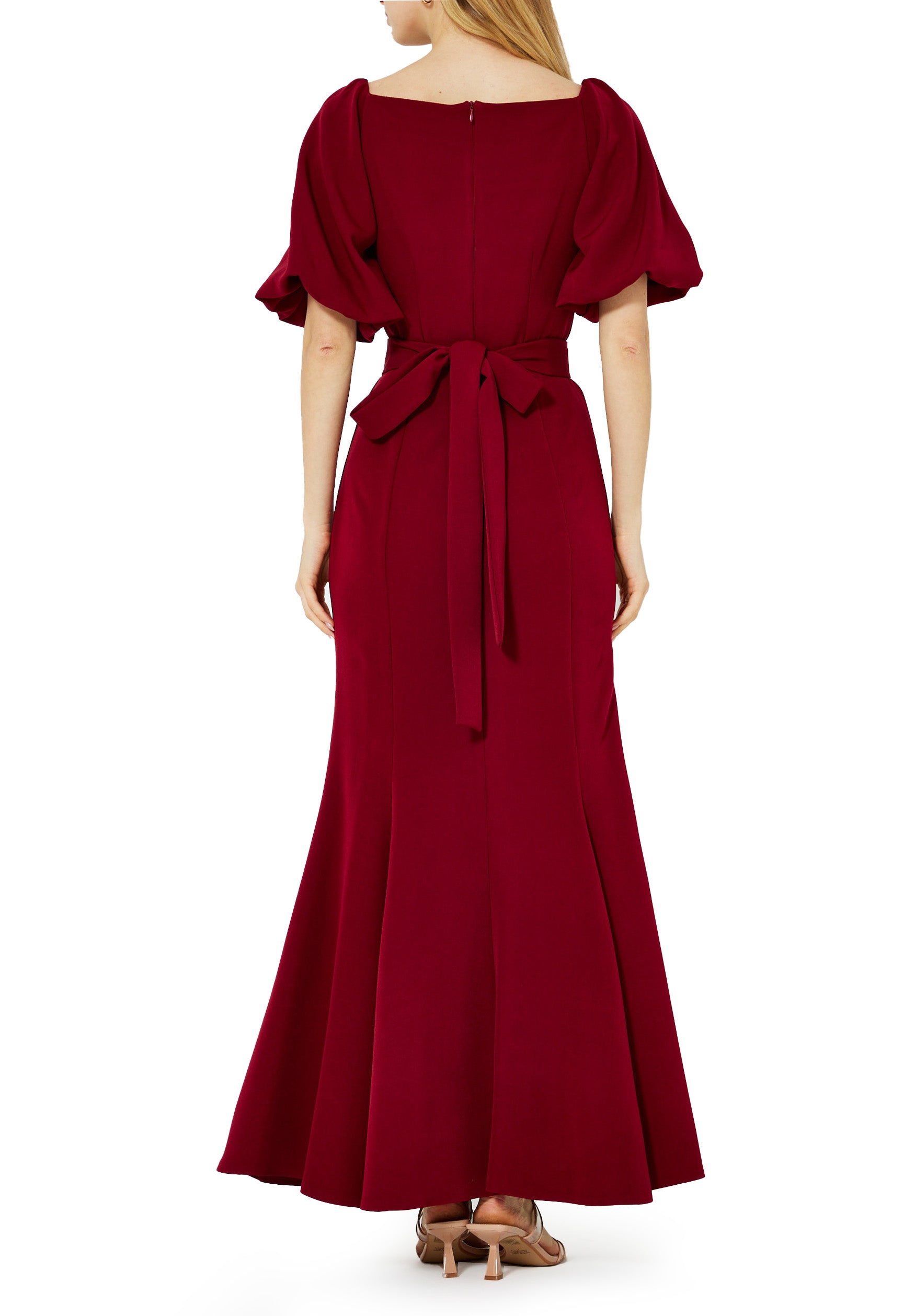 Stunning Crepe Fit And Flare Long Dress With Square Neckline And Puff Sleeves