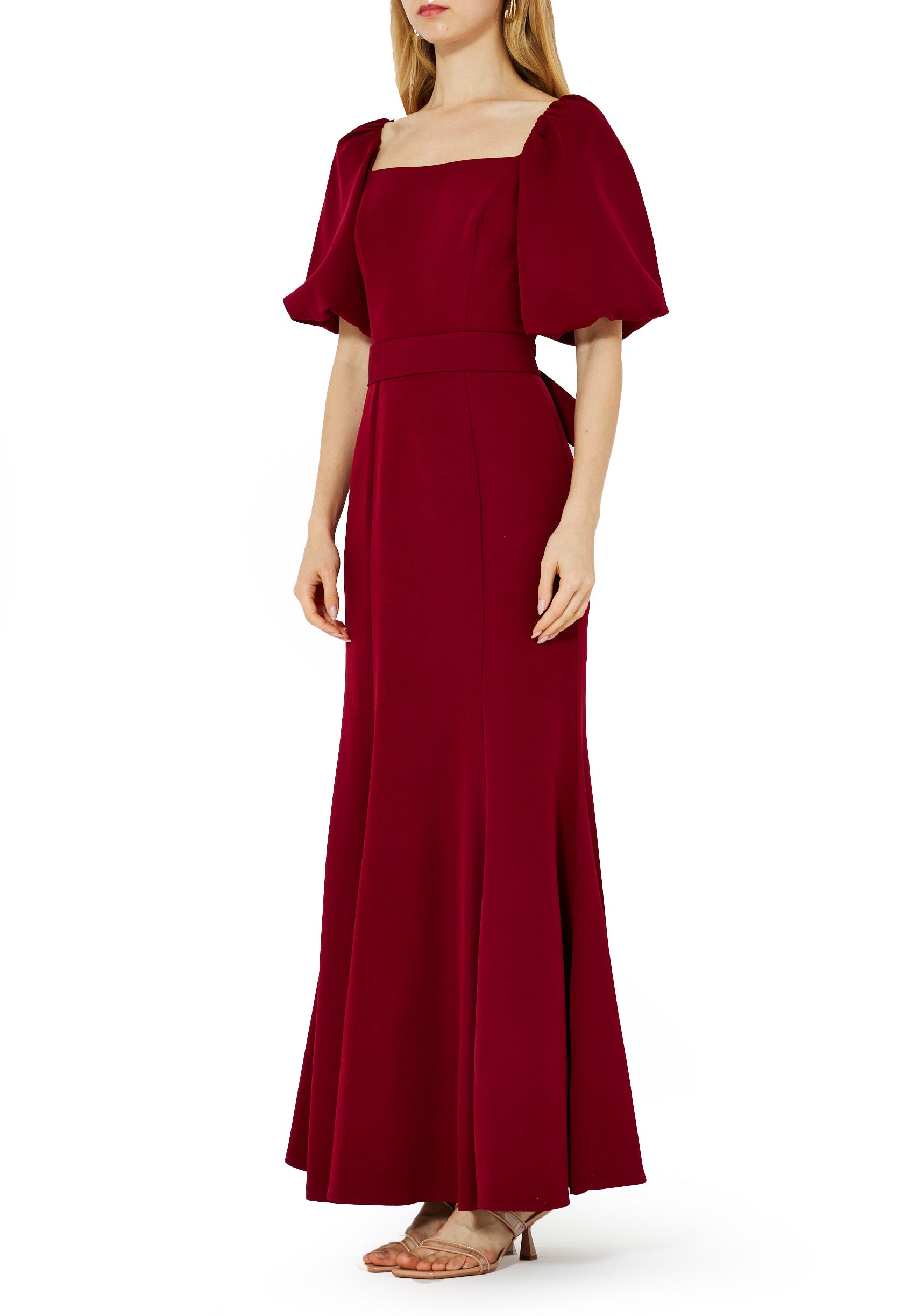 Stunning Crepe Fit And Flare Long Dress With Square Neckline And Puff Sleeves