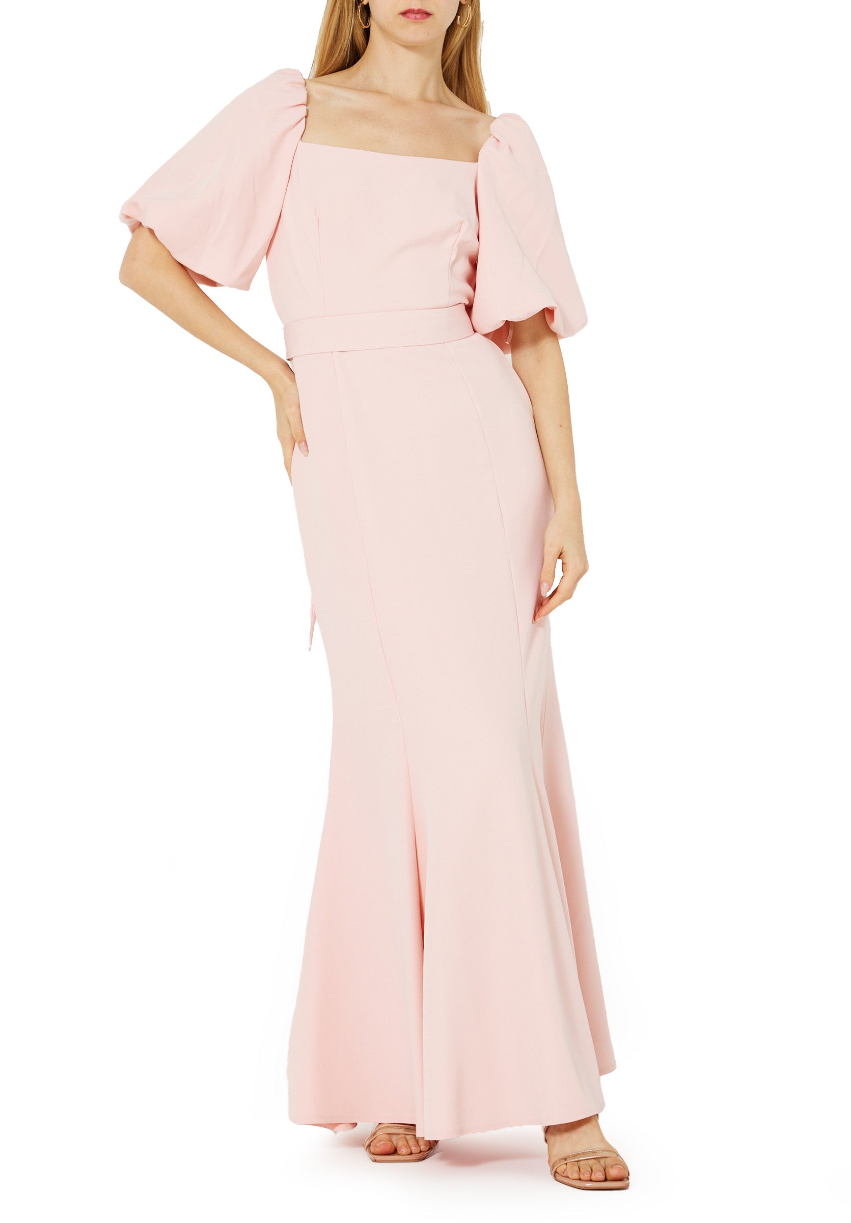 Stunning Crepe Fit And Flare Long Dress With Square Neckline And Puff Sleeves