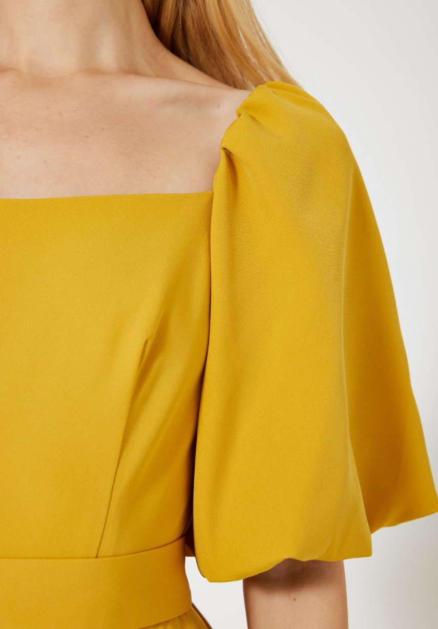 Stunning Crepe Fit And Flare Long Dress With Square Neckline And Puff Sleeves