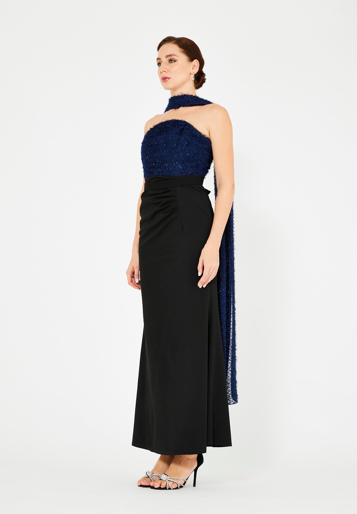 Regal Pleated Floral Embellished Gown