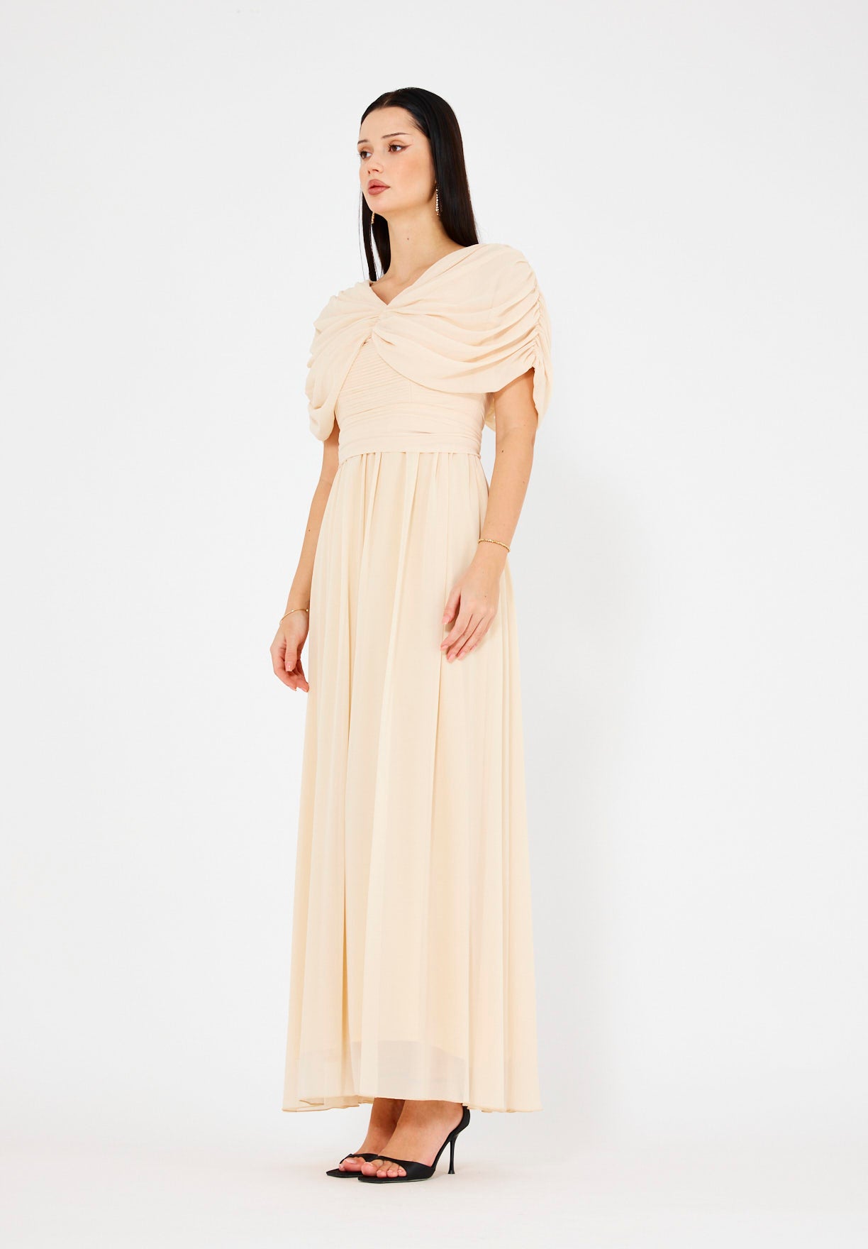 Butterfly-Draped Ruched Gown