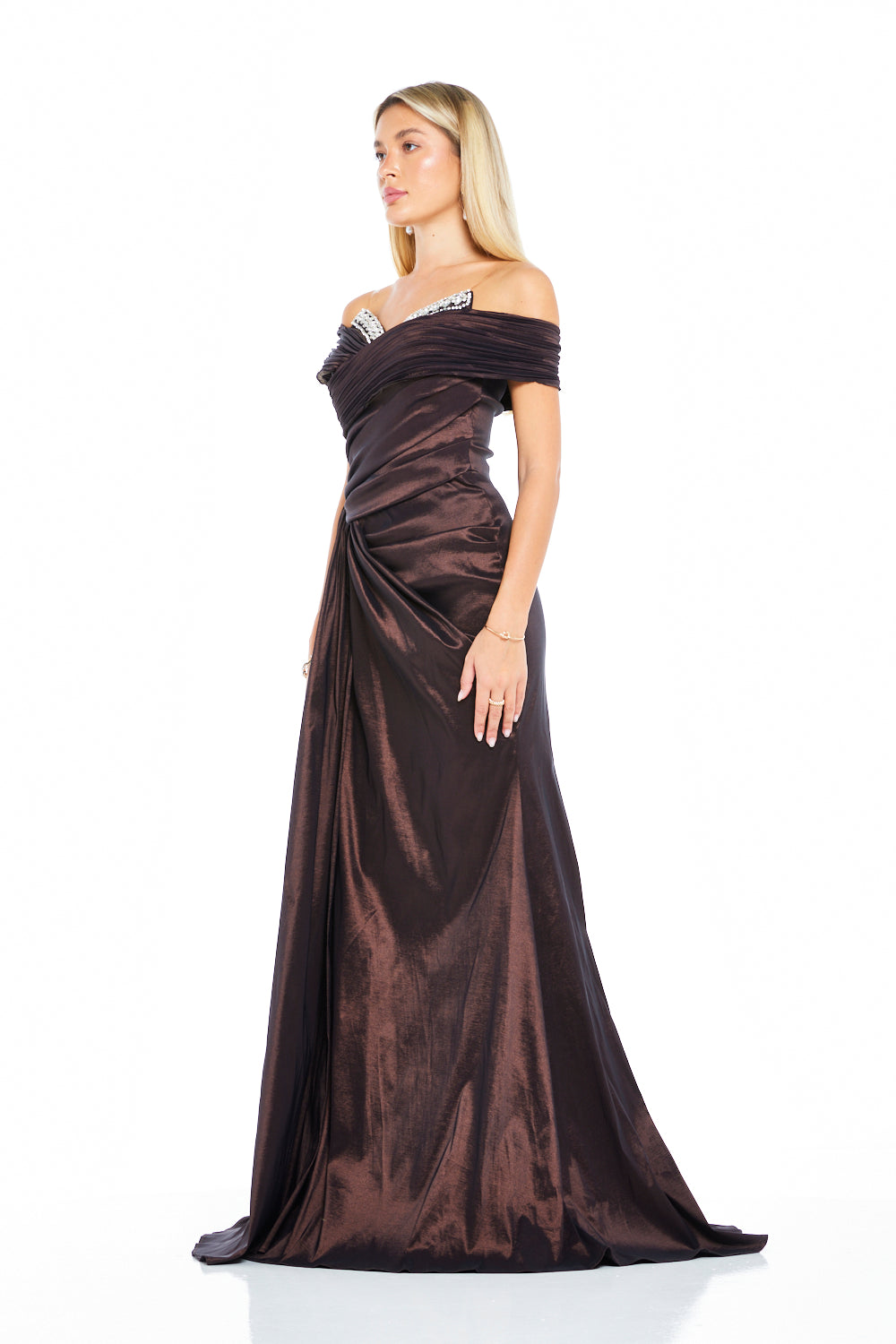 Crystal-Trim Off-Shoulder Draped Gown