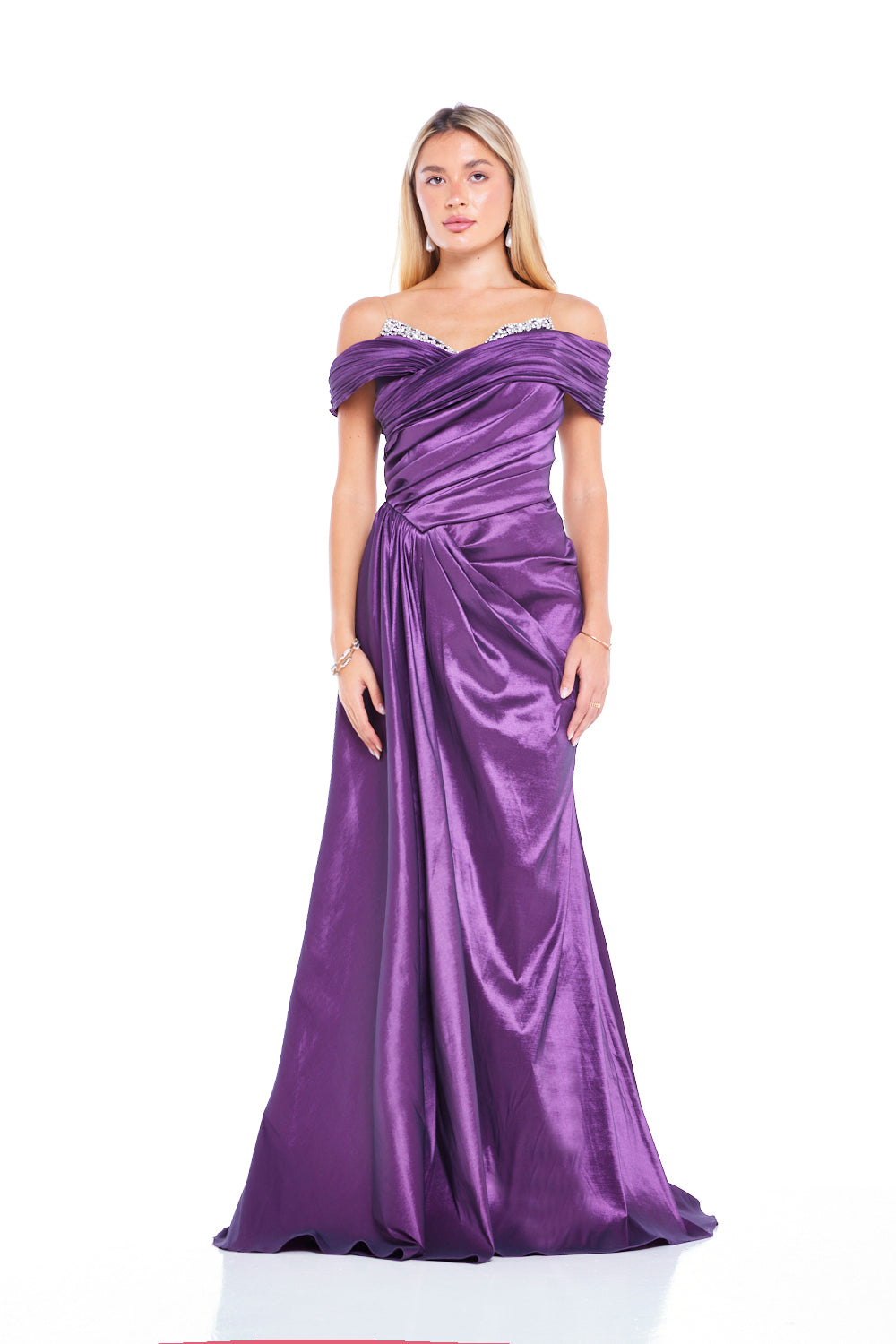 Crystal-Trim Off-Shoulder Draped Gown