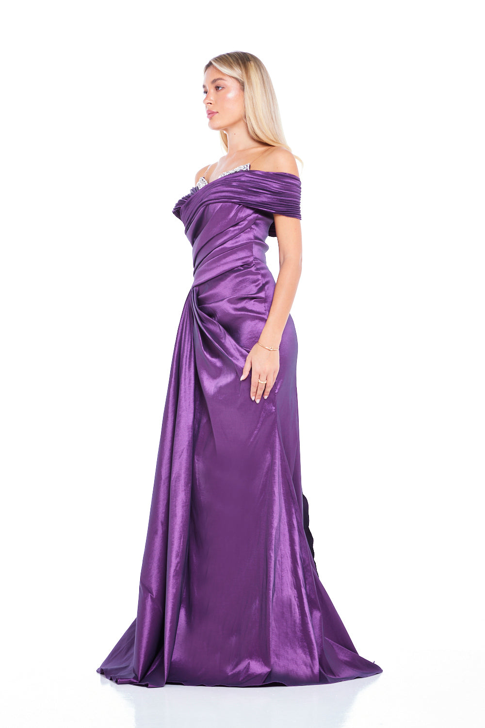 Crystal-Trim Off-Shoulder Draped Gown