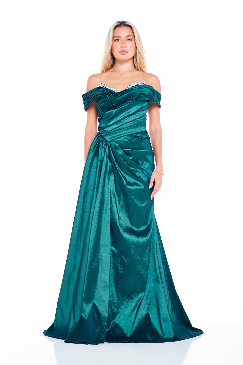 Crystal-Trim Off-Shoulder Draped Gown