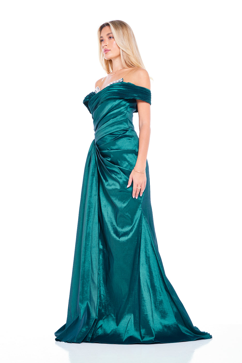 Crystal-Trim Off-Shoulder Draped Gown