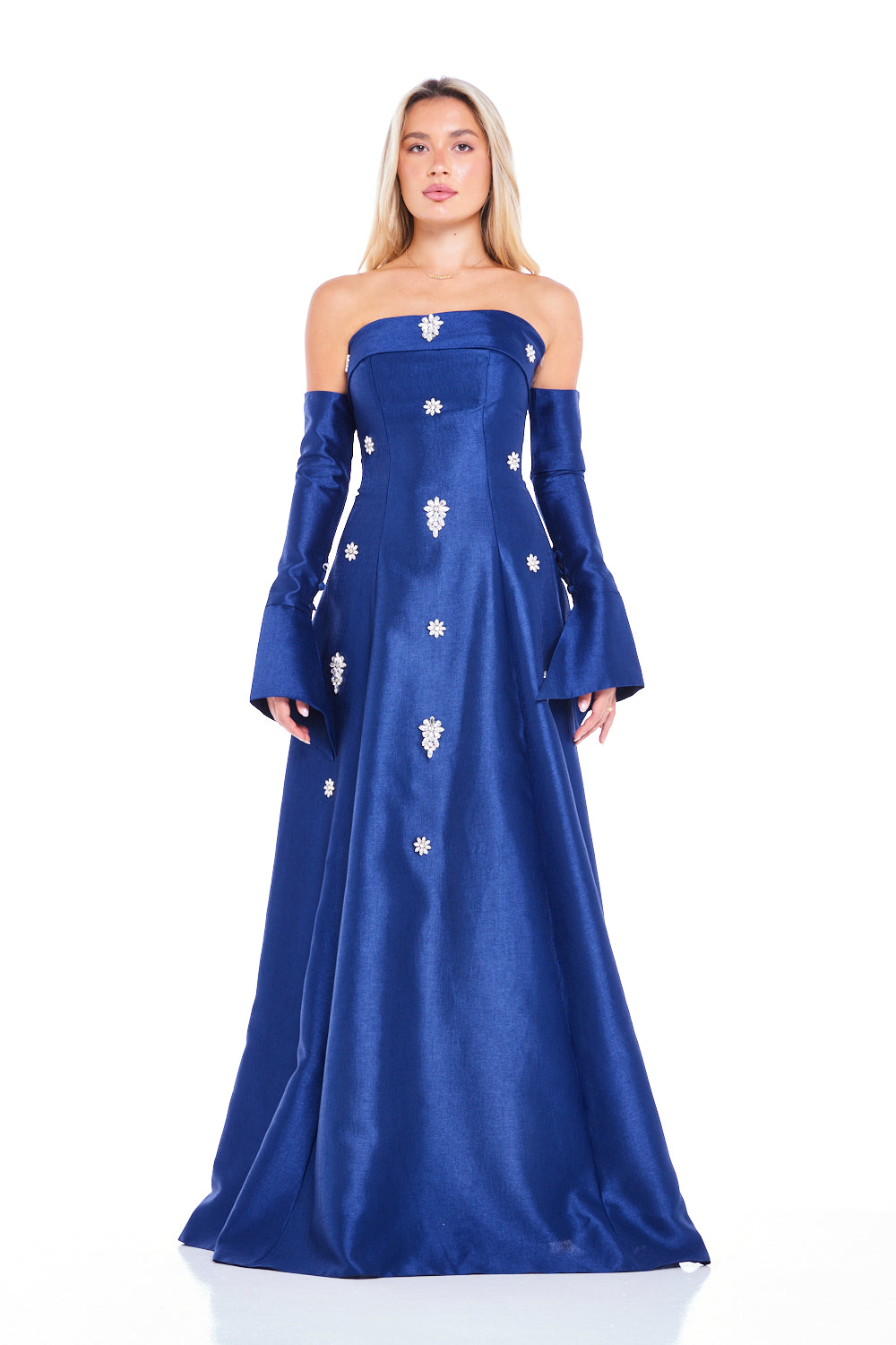 Modern Strapless Gown with Floral Crystal Accents