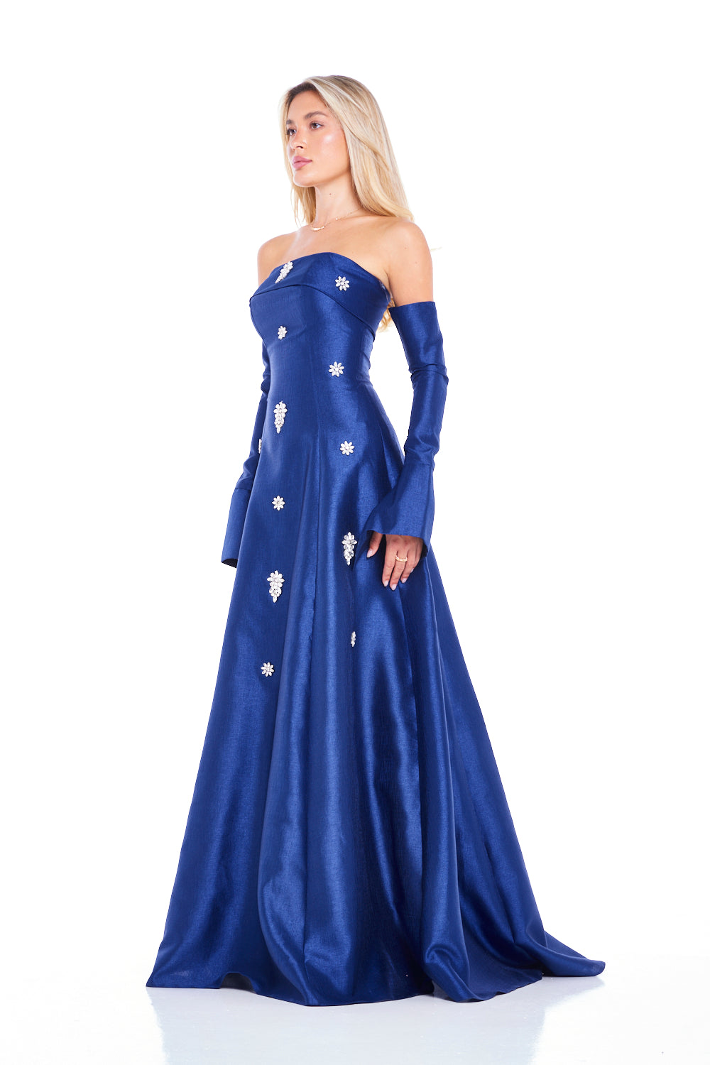 Modern Strapless Gown with Floral Crystal Accents