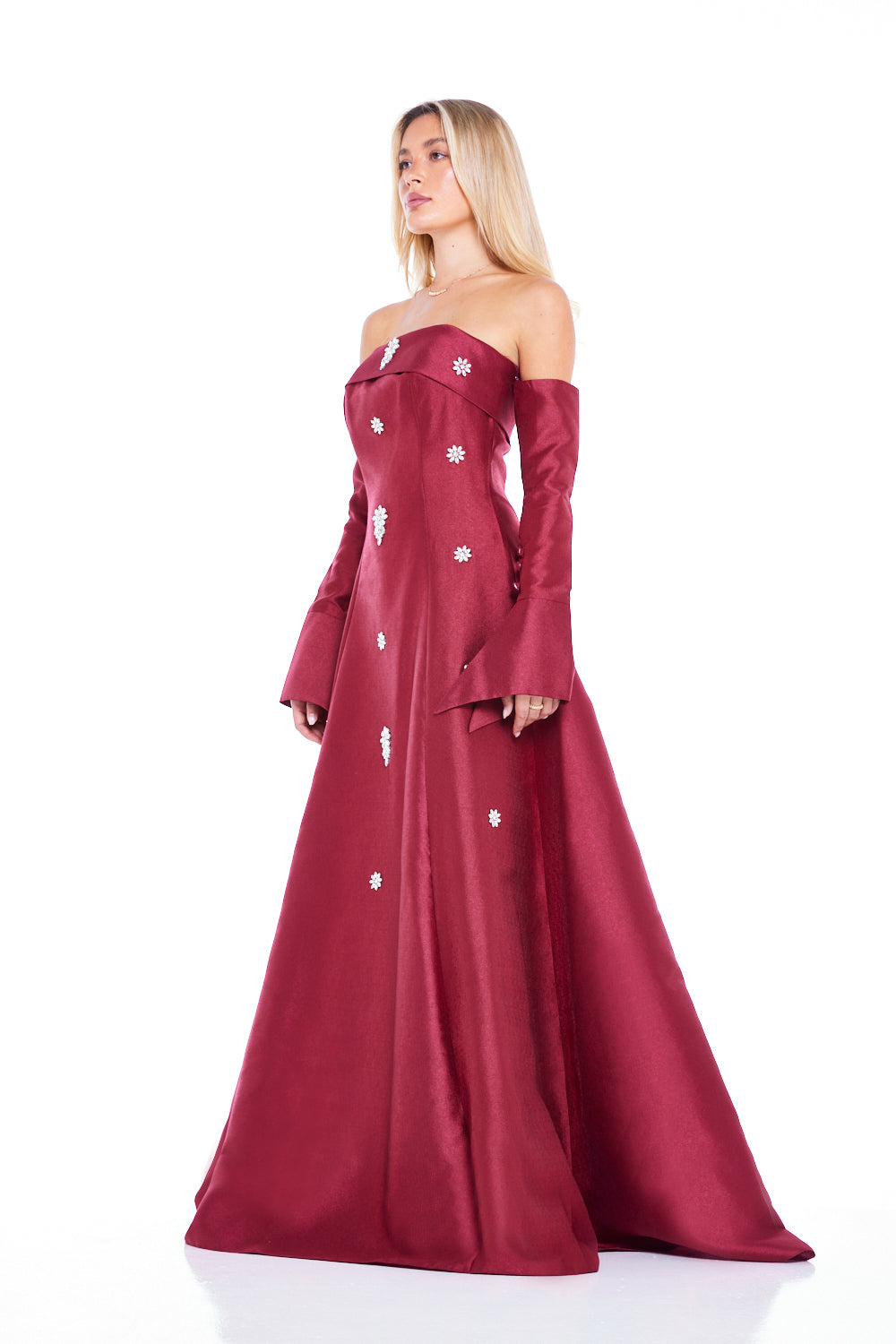 Modern Strapless Gown with Floral Crystal Accents