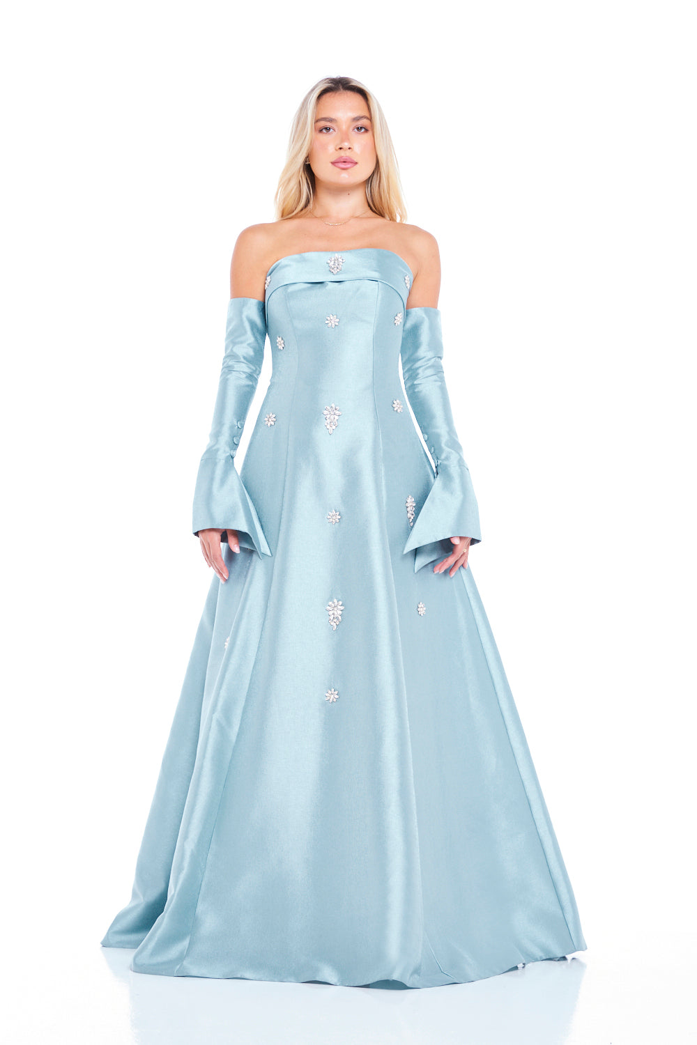 Modern Strapless Gown with Floral Crystal Accents