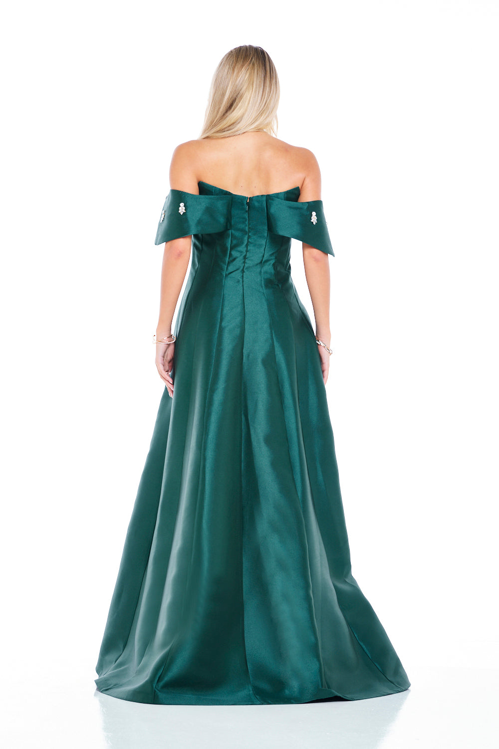 Crystal-Embellished A-Line Gown with Sculptural Sleeves