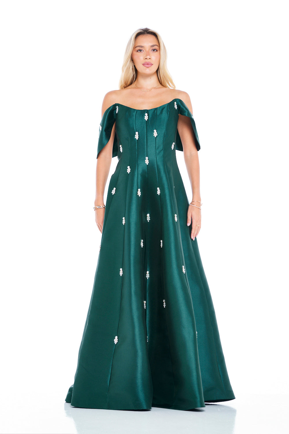 Crystal-Embellished A-Line Gown with Sculptural Sleeves