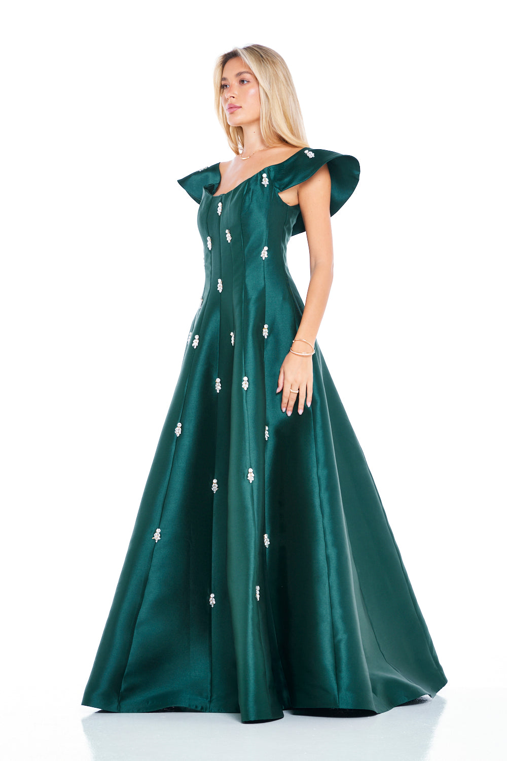 Crystal-Embellished A-Line Gown with Sculptural Sleeves
