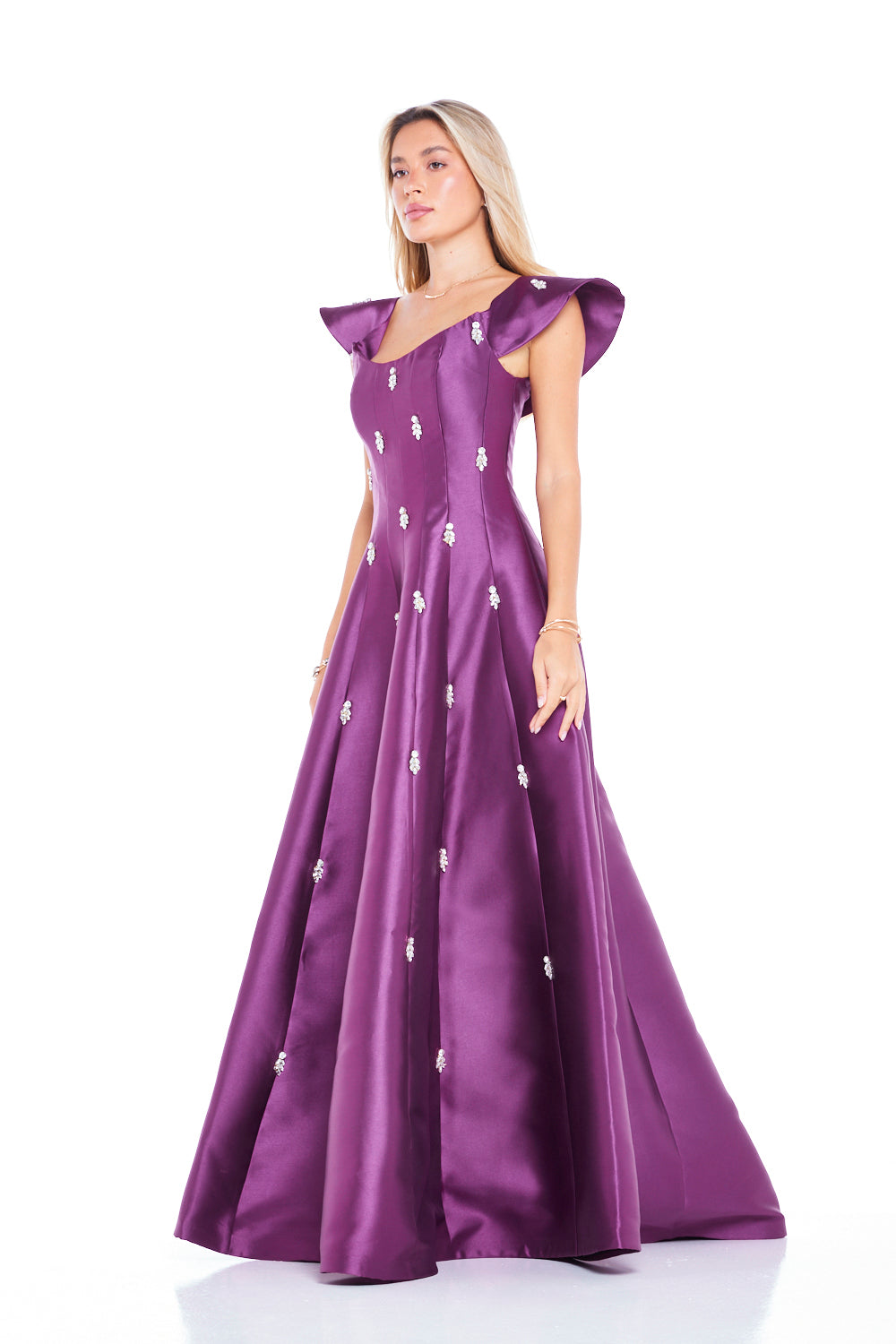 Crystal-Embellished A-Line Gown with Sculptural Sleeves